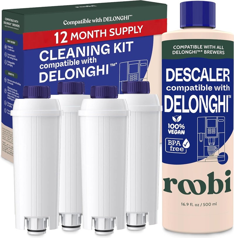 Roobi DeLonghi Compatible Cleaning Descaling Kit. Includes 1 Bottle of Descaling Solution and 4 DeLonghi Filters. Carbon Neutral DeLonghi Cleaner Descaler Kit. 1 Year Supply. - Image 1